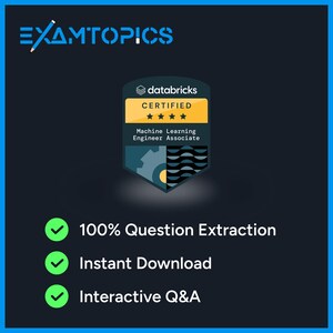 May include: A dark blue graphic with the text "EXAMTOPICS" at the top. The image features a "databricks CERTIFIED" badge and the phrases "100% Question Extraction", "Instant Download", and "Interactive Q&A".