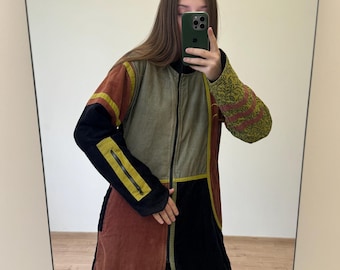 Abrigo de pana vintage hecho a mano con patchwork, estilo bohemio hippie, forrado con vellón.