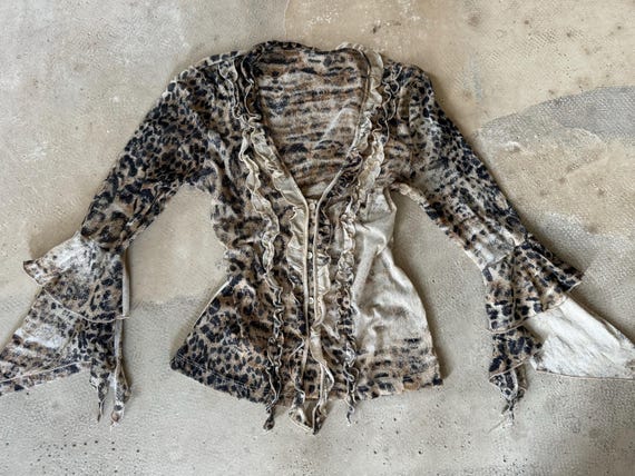 Y2K Leopard Mesh Ruffle Blouse | Sheer Fairy Grun… - image 4