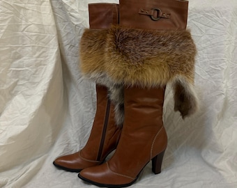 Vintage Y2K Knee-High Leather Boots with Fox Fur Brown Heeled Boots  Size 35 (US 5)