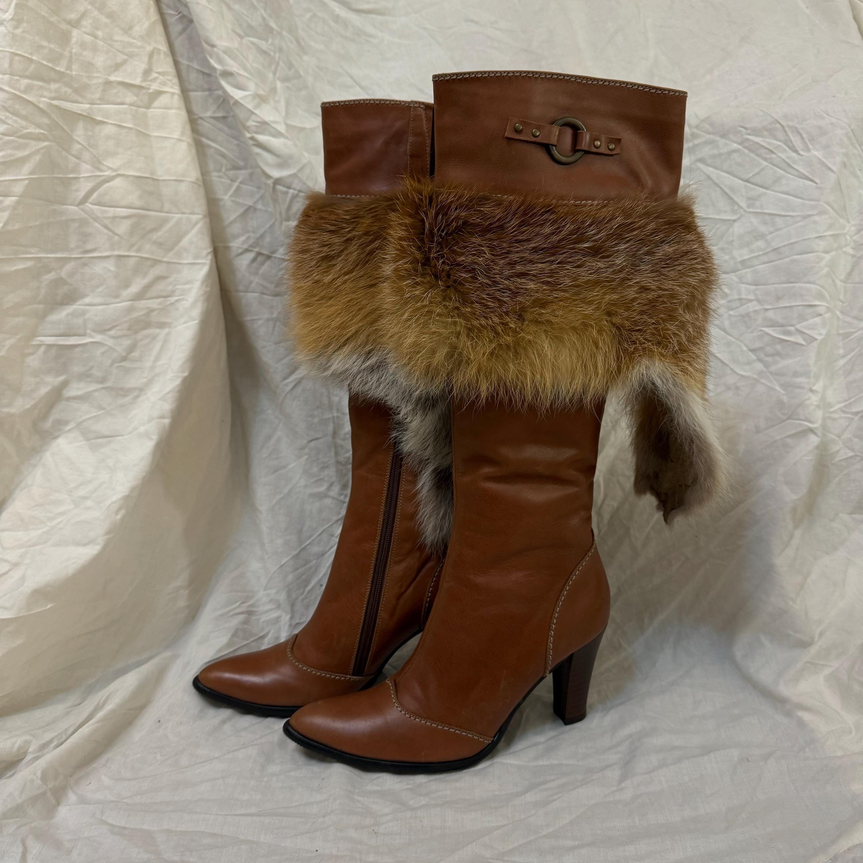 Vintage Y2K Knee-high Leather Boots With Fox Fur Brown Heeled