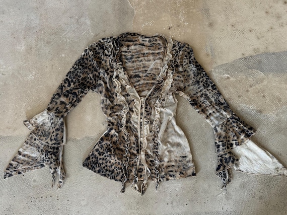 Y2K Leopard Mesh Ruffle Blouse | Sheer Fairy Grun… - image 1