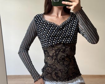 Y2K Patchwork Mesh Top S  | Mixed Print Paisley, Polka Dot & Stripe Long Sleeve | Sheer Vintage 2000s Indie Sleaze Tee | V-Neck Ruffle Edge