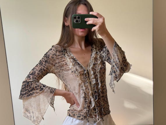 Y2K Leopard Mesh Ruffle Blouse | Sheer Fairy Grun… - image 9