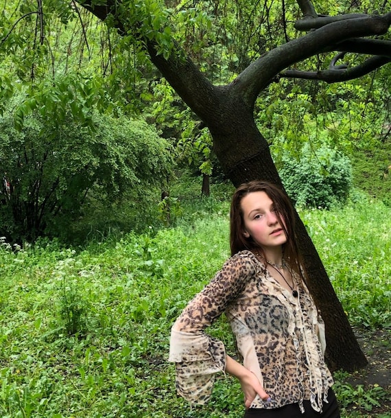 Y2K Leopard Mesh Ruffle Blouse | Sheer Fairy Grun… - image 11