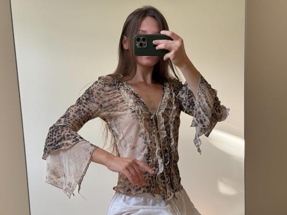 Y2K Leopard Mesh Ruffle Blouse | Sheer Fairy Grun… - image 2