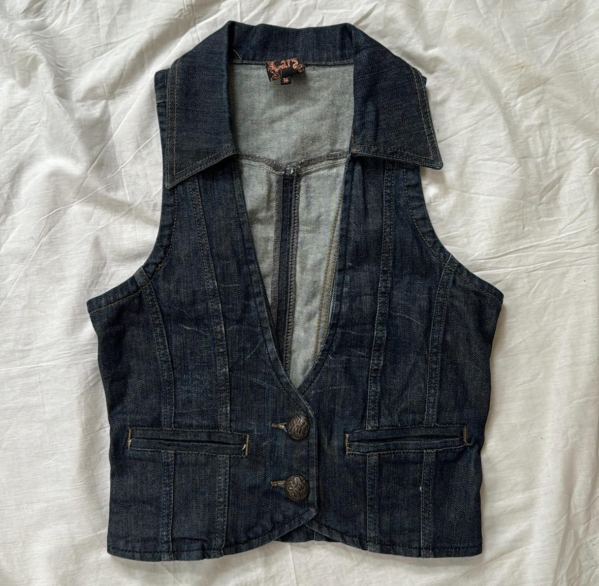 Vintage Y2K Dark Wash Denim Vest - Cropped Deep V-neck Waistcoat
