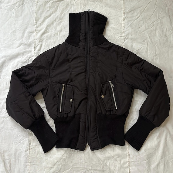 Y2K Cropped Bomber Jacket With High Ribbed Collar Black Puffer 
