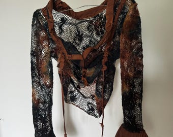 Top de encaje de malla transparente Y2K con dobladillo ajustable: blusa vintage Fairycore única