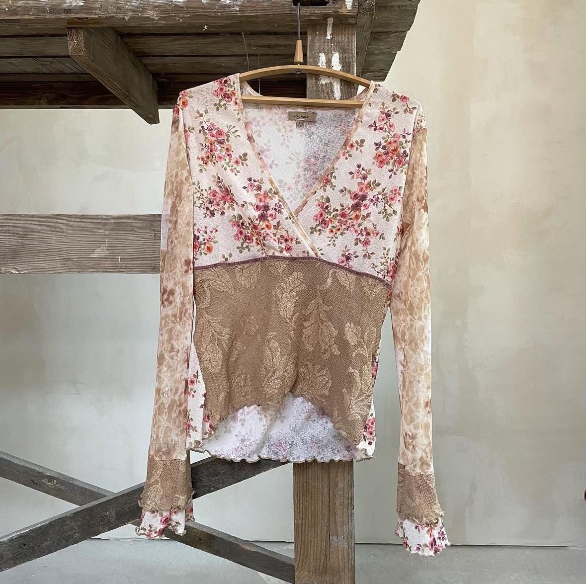 Y2K Floral Mesh Long Sleeve Top-vintage L Wrap Blouse With V-neck