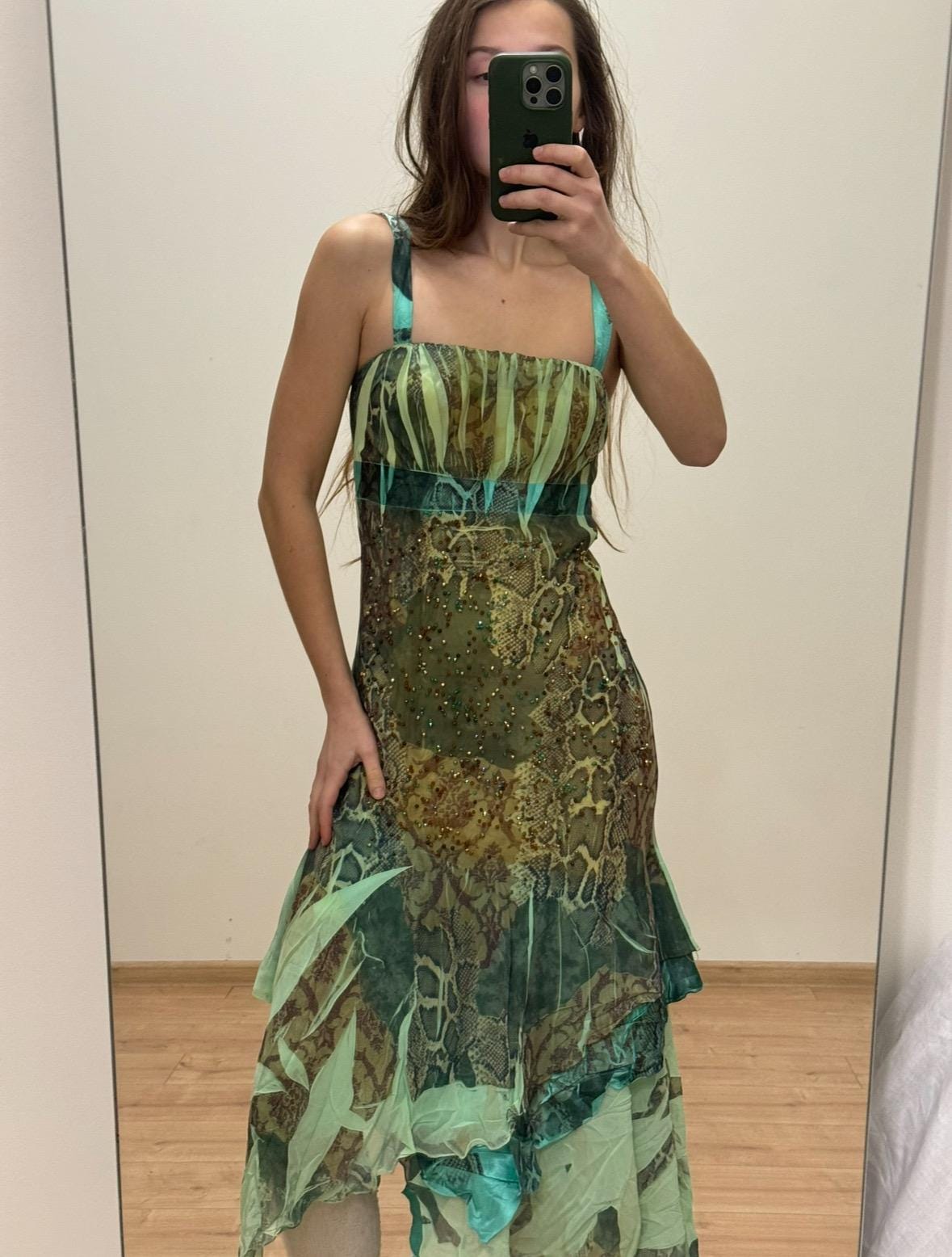 green emerald velvet dress Green Snake Print Dress