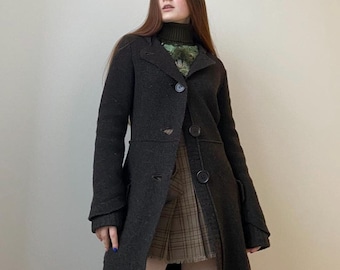 Vintage Cop Copine Wool Coat with Hood – Dark Academia Gothic Trench, Size 36
