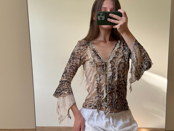 Y2K Leopard Mesh Ruffle Blouse | Sheer Fairy Grun… - image 10