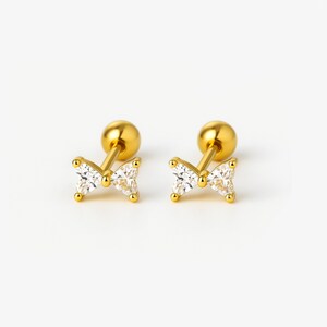 18k Gold or Silver Dainty Bow Screw Back Earrings | Gold Cartilage Studs | Heart CZ Bow Earrings | Hypoallergenic Cute Gift for Her