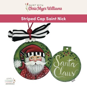 Könnte beinhalten: Handbemalter Weihnachtsschmuck mit Santa Claus mit gestreifter Mütze und langem weißem Bart. Der Schmuck hat einen grünen Rand und eine schwarz-weiß gestreifte Schleife. Der Text "Santa Claus" ist auf der Rückseite geschrieben.