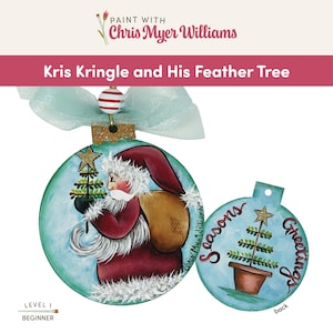May include: Hand-painted Christmas ornaments featuring Santa Claus and a feather tree. The larger ornament shows Santa in a red suit with a sack, holding a small tree. The smaller ornament says "Seasons Greetings" and has a potted tree. Both are painted on a blue background.