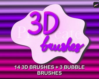 Könnte beinhalten: Eine digitale Grafik mit einem lila und rosa Farbverlauf im Hintergrund. Das Bild zeigt einen hellrosa Klecks mit den Worten "3D brushes" in Lila. Der Text "Procreate" ist ebenfalls sichtbar. Darunter steht "14 3D BRUSHES + 3 BUBBLE BRUSHES".