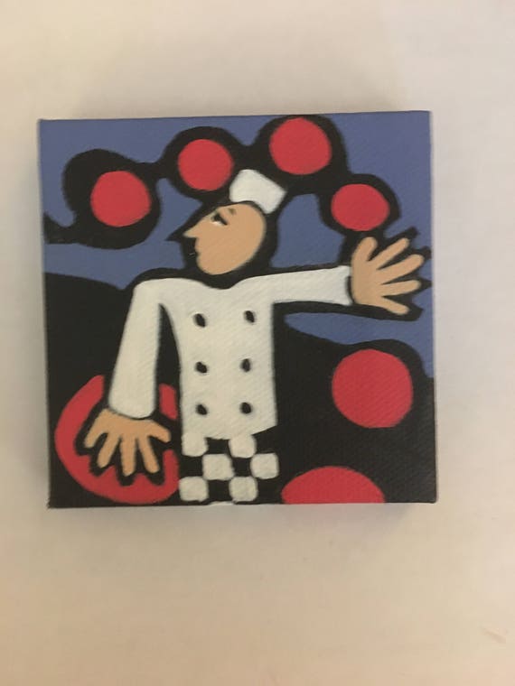 Chef Juggling Plates Checkered Pants Acrylic Painting 3x3 Etsy
