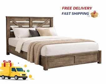 Kingsize boerderij bedframe schuurdeur hoofdeinde, platform bedframe met houten latten, opbergruimte onder bed, Noisy Free, rustiek grijs