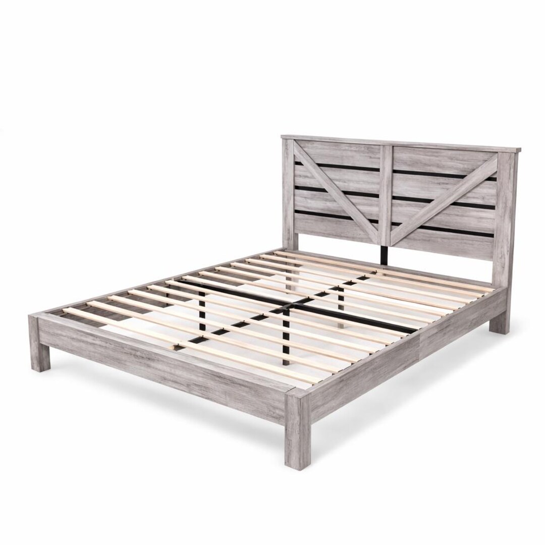 King Size Farmhouse Bed Frame Barn Door Headboard, Platform Bed Frame ...