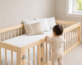 Camas Montessori para niños pequeños / Cunas para bebés Cama con protección adicional Cama infantil de tamaño completo Cama Montessori a ras de suelo con barandillas y puerta con cerradura para niños