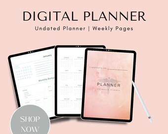 May include: Digital planner design with three tablets displaying calendar and planning pages. The text includes "DIGITAL PLANNER," "Undated Planner | Weekly Pages," and "SHOP NOW." The background is a soft pink.