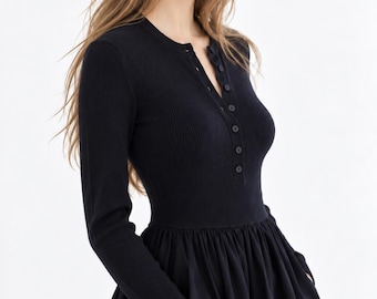 100% Cotton Rib Knit Henley Neck Midi Dress Long Sleeve Mixed Media Dress