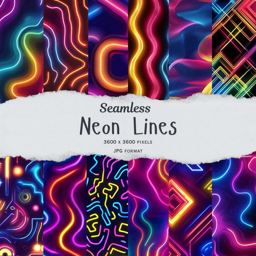Neon Lines Digital Paper Pack: 16 Abstract Glow Patterns (jpgs, 12x12 ...