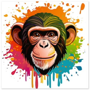 Colorful Chimpanzee Drip Art Print – Jungle Wall Decor, Safari Animal Poster,  Play Room Art for Kids