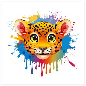 Lámina artística de cachorro de leopardo con goteo: decoración de pared de jungla, póster de animales de safari, arte para sala de juegos infantil