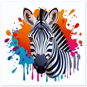 Lámina artística de goteo de un cachorro de cebra colorido: decoración de pared de la jungla, póster de animales de safari, arte para la sala de juegos infantil