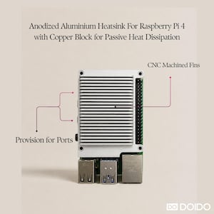 Puede incluir: Disipador de calor de aluminio anodizado para Raspberry Pi 4 con bloque de cobre para disipación de calor pasiva. El componente cuenta con aletas mecanizadas por CNC y provisión para puertos, diseñado para la placa de circuito verde.