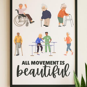 Puede incluir: Un p&oacute;ster enmarcado con ilustraciones de personas con ayudas para la movilidad y fisioterapia. El texto "ALL MOVEMENT IS beautiful" est&aacute; escrito en una fuente elegante en la parte inferior.