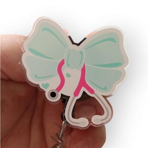 Nurse Stethoscope Bow Acrylic Badge Reel Retractable Swivel Clip ID Holder