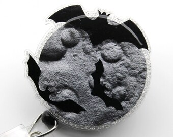 Bats and Full Moon Acrylic Badge Reel Retractable Swivel Clip ID Holder, Glitter Witch