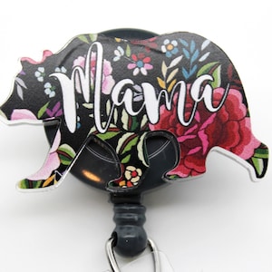 Mama Bear Badge, Floral and Lace Acrylic Badge Reel Retractable Swivel Clip ID Holder
