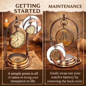 May include: Antique brass-colored pocket watch and compass set. The watch features Roman numerals and a classic design. The compass is visible below the watch. The text reads "Getting Started" and "Maintenance".