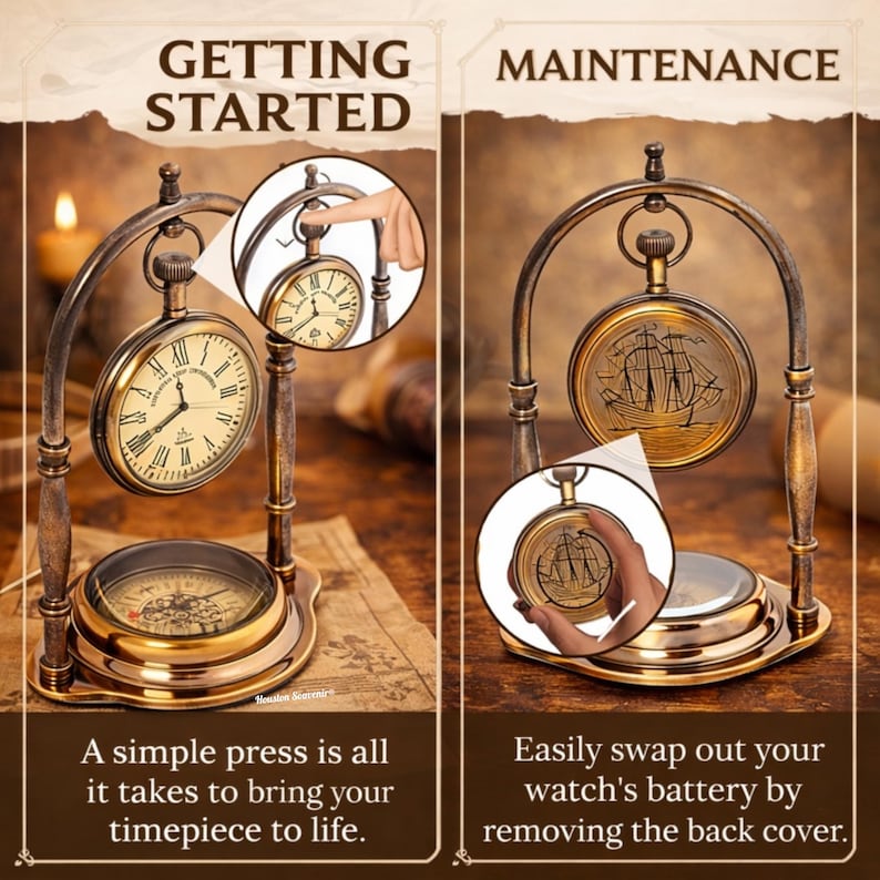May include: Antique brass-colored pocket watch and compass set. The watch features Roman numerals and a classic design. The compass is visible below the watch. The text reads "Getting Started" and "Maintenance".