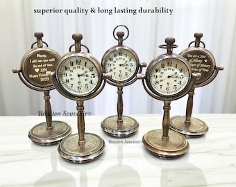 Engraved Antique Office Desk Clock, Brass Clock, personalized western wedding gift, 30th wedding anniversary gift, Christmas gift