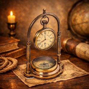 Könnte beinhalten: Ein antikes Taschenuhr- und Kompass-Set aus Messing. Die Uhr hat römische Ziffern und ein cremefarbenes Zifferblatt. Der Kompass ist in einer Messingbasis befestigt. Das Set befindet sich auf einer Karte, mit einer Kerze und Büchern im Hintergrund.