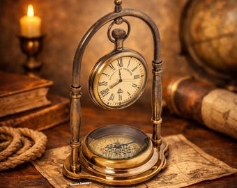 Antique Brass Nautical Table Clock with Compass | Vintage Maritime Ship Desk Decor | Retro Brass Desk Clock Gift for Collectors