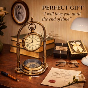 May include: A vintage-style desk clock with a compass base and a pocket watch-style clock face. The clock is made of brass-colored metal and features Roman numerals. The image includes the text "PERFECT GIFT" and "I will love you until the end of time".