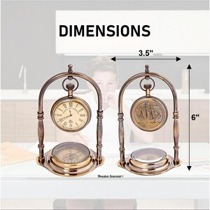 May include: Antique-style decorative clock and compass set. The clock is 3.5 inches wide and 6 inches tall. The clock face has Roman numerals, while the compass has a detailed design. The set is made of bronze-colored metal and features a curved top.