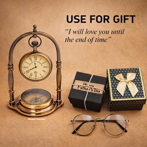 May include: An antique-style clock and compass set with a cream-colored clock face and Roman numerals. The image includes two gift boxes, one labeled "Happy Father's Day," and a pair of round eyeglasses. The text reads "Use for Gift."