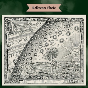 May include: Black and white vintage illustration featuring a celestial scene with stars, a sun with a face, and a figure in a cloak. The artwork includes a tree, clouds, and a detailed border. The words "Reference Photo" are at the top.