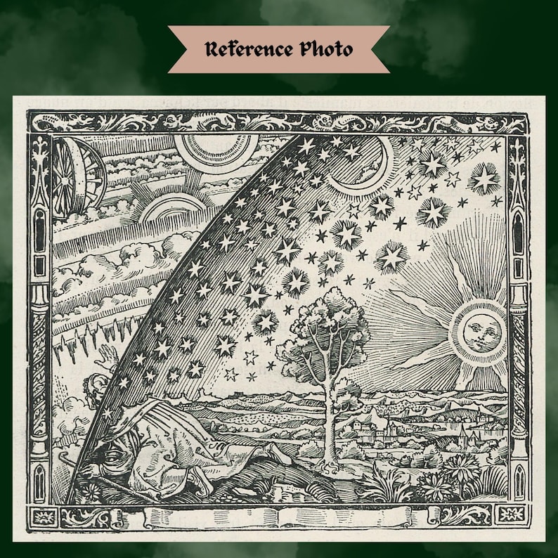 May include: Black and white vintage illustration featuring a celestial scene with stars, a sun with a face, and a figure in a cloak. The artwork includes a tree, clouds, and a detailed border. The words "Reference Photo" are at the top.