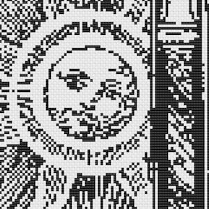 May include: Black and white pixel art design featuring a sun with a face. The sun is surrounded by a circular border and other geometric shapes. The design is reminiscent of cross-stitch or pixelated art.