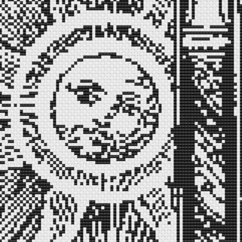 May include: Black and white pixel art design featuring a sun with a face. The sun is surrounded by a circular border and other geometric shapes. The design is reminiscent of cross-stitch or pixelated art.