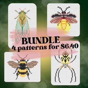May include: A bundle of four cross-stitch patterns featuring insects: a cicada, a firefly, a bee, and a spider. The patterns are displayed on white backgrounds with a green and pink gradient. The word "BUNDLE" is written in large, bold letters.