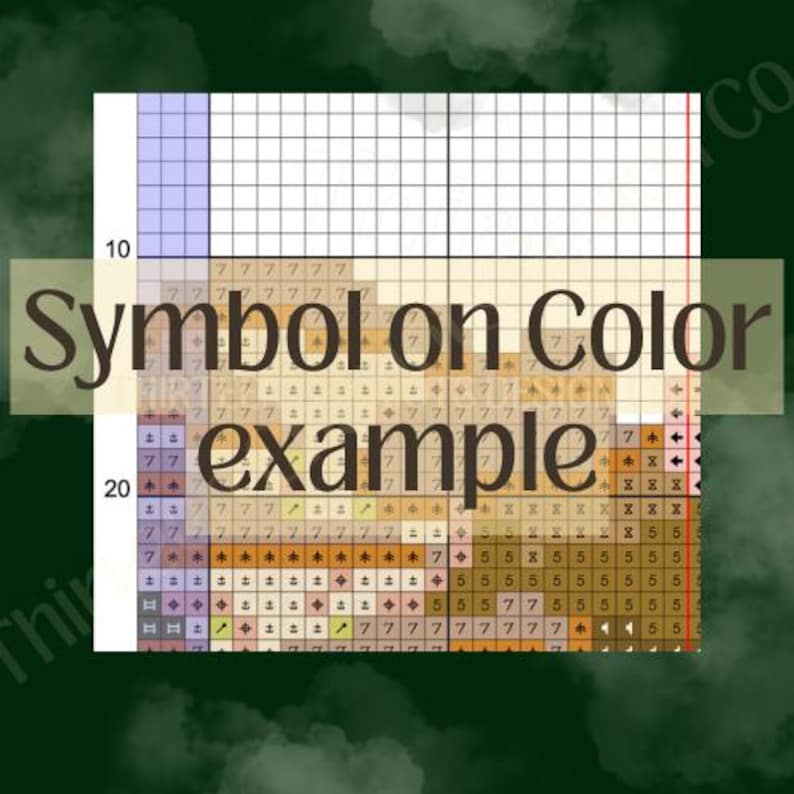 May include: A cross-stitch pattern example with the text "Symbol on Color example." The design features a grid with numbered rows and columns, and a color key. The color palette includes shades of blue, beige, brown, and orange.